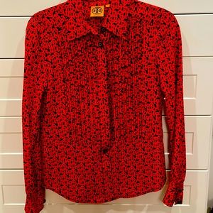 Tory Burch Vibrant Red and Black Patterned Shirt